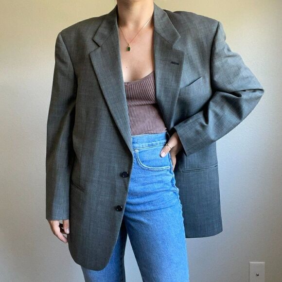 Vintage Mens Burberry Gray Single Breast 100% Wool Oversized Blazer Sz XXL - Picture 1 of 9